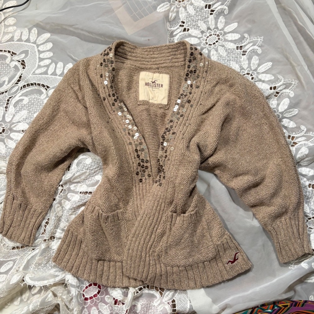 Y2K Fall Hollister Sequin Wool Blend Chunky Knit Cardigan Tan Oatmeal Size L